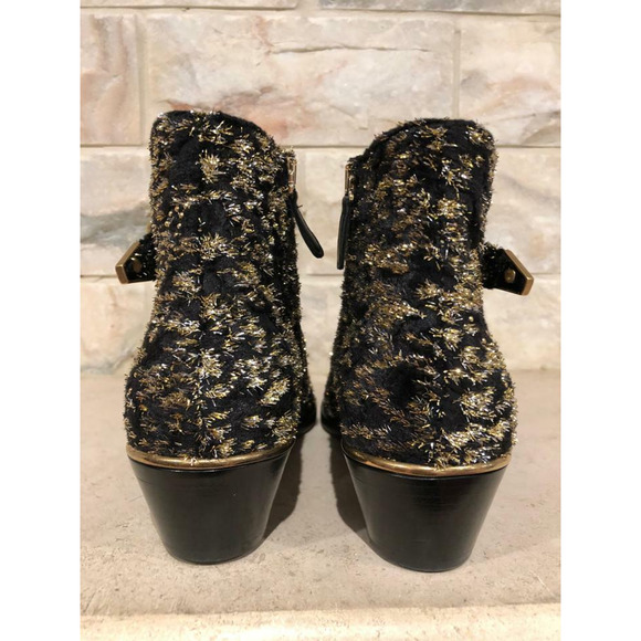 Chloe Suzanna Black Gold Velvet Coupe Studded Short Zipper Ankle Heel Bootie 37 - Picture 11 of 12